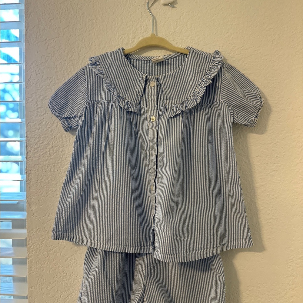 H&M Blue Striped Ruffle Collar Top and Shorts Set